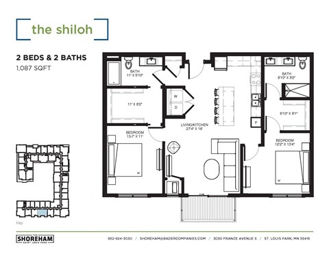 Floor plan for 2 beds, 2 baths, 1087 sqft