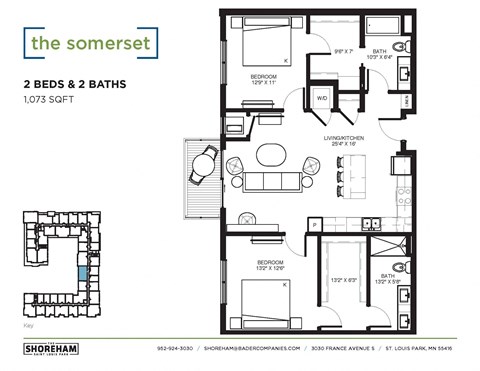 Floor plan for 2 beds, 2 baths, 1073 sqft