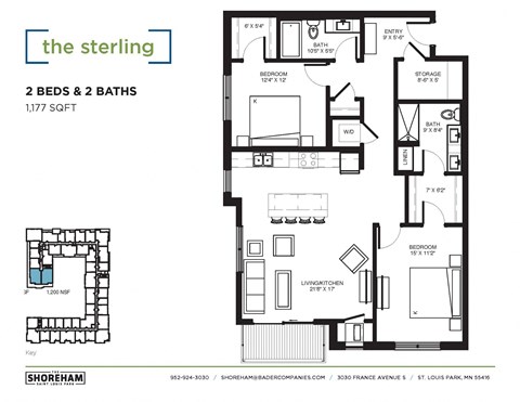 Floor plan for 2 beds, 2 baths, 1177 sqft