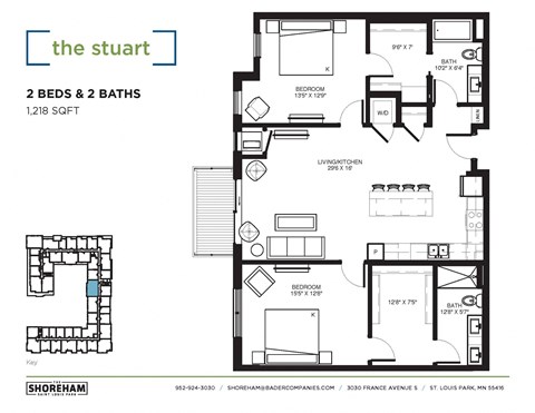 Floor plan for 2 beds, 2 baths, 1218 sqft