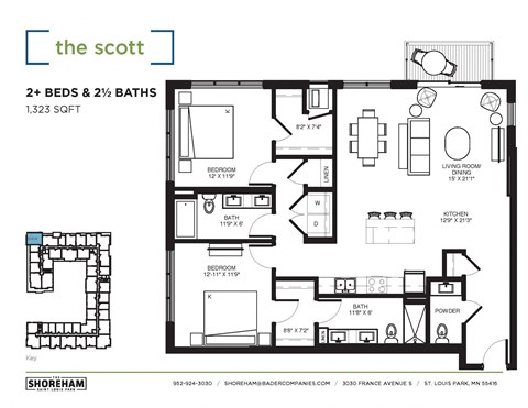 Floor plan for 2 beds, 2.5 baths, 1323 sqft