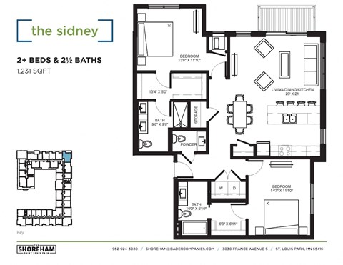 Floor plan for 2 beds, 2.5 baths, 1231 sqft