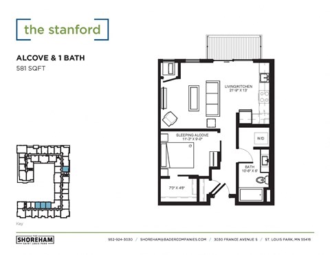 Floor plan for studio, 1 bath, 581 sqft