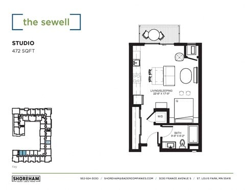Floor plan for studio, 1 bath, 472 sqft