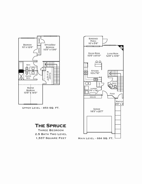 Floor plan for 3 beds, 2.5 baths, 1537 sqft