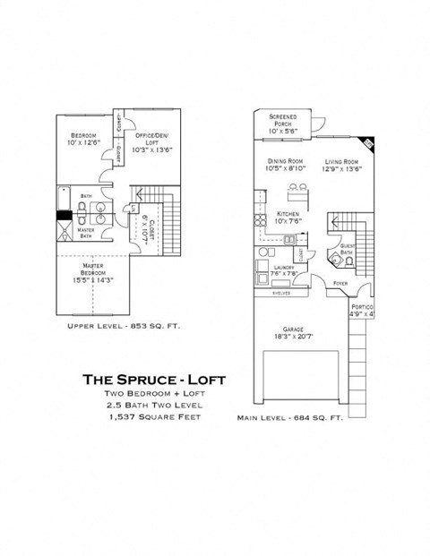Floor plan for 2 beds, 2.5 baths, 1537 sqft