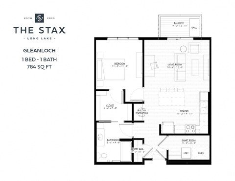 Floor plan for 1 bed, 1 bath, 784 sqft