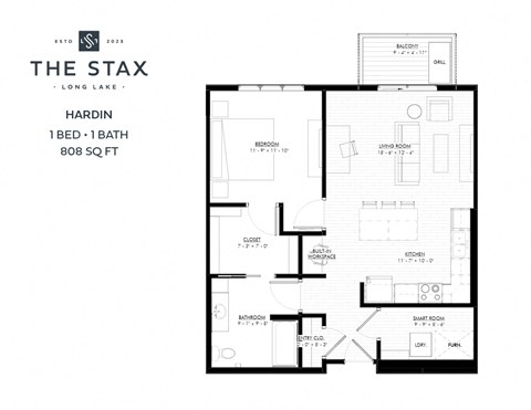 Floor plan for 1 bed, 1 bath, 808 sqft
