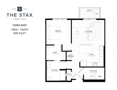 Floor plan for 1 bed, 1 bath, 808 sqft