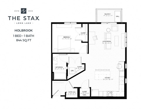 Floor plan for 1 bed, 1 bath, 844 sqft
