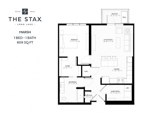 Floor plan for 1 bed, 1 bath, 809 sqft