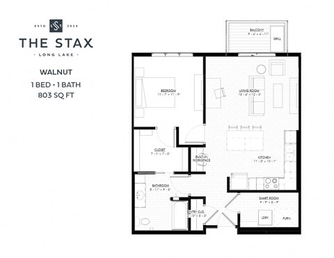 Floor plan for 1 bed, 1 bath, 803 sqft