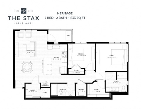 Floor plan for 2 beds, 2 baths, 1133 sqft