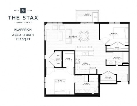 Floor plan for 2 beds, 2 baths, 1113 sqft