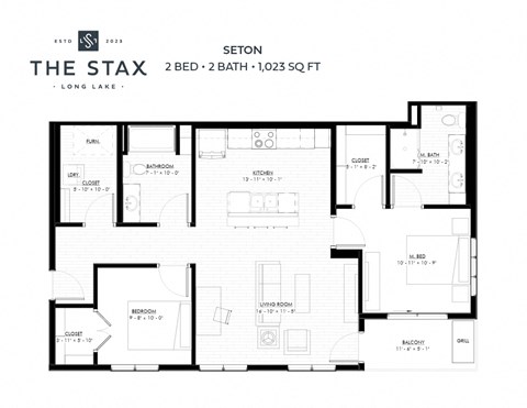 Floor plan for 2 beds, 2 baths, 1023 sqft