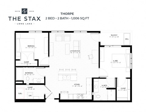 Floor plan for 2 beds, 2 baths, 1006 sqft
