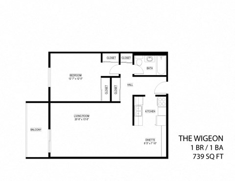 Floor plan for 1 bed, 1 bath, 739 sqft