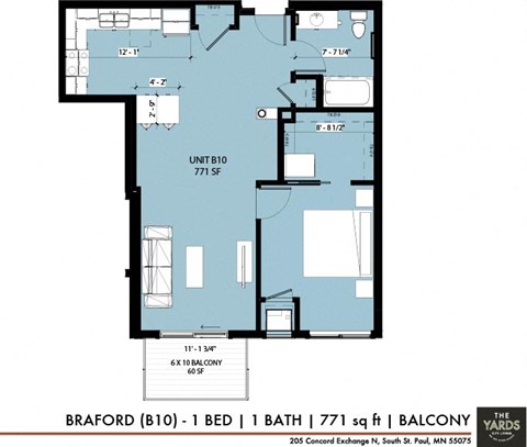 Floor plan for 1 bed, 1 bath, 771 sqft
