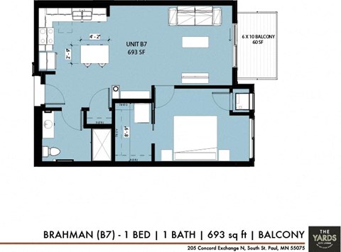Floor plan for 1 bed, 1 bath, 693 sqft