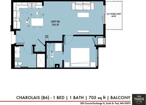 Floor plan for 1 bed, 1 bath, 705 sqft