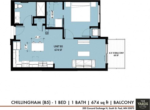 Floor plan for 1 bed, 1 bath, 674 sqft