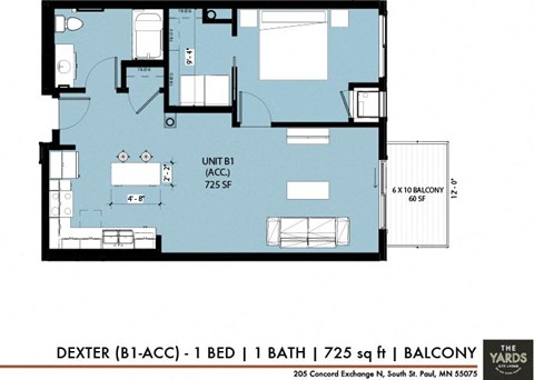 Floor plan for 1 bed, 1 bath, 730 sqft