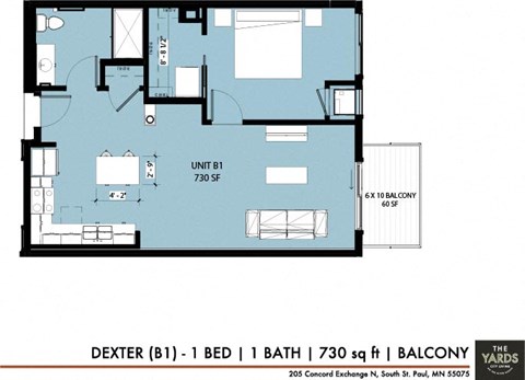 Floor plan for 1 bed, 1 bath, 730 sqft