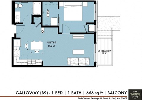 Floor plan for 1 bed, 1 bath, 666 sqft