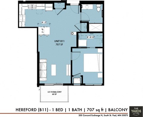 Floor plan for 1 bed, 1 bath, 707 sqft
