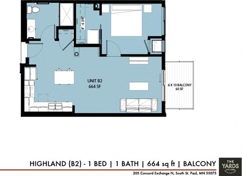 Floor plan for 1 bed, 1 bath, 664 sqft