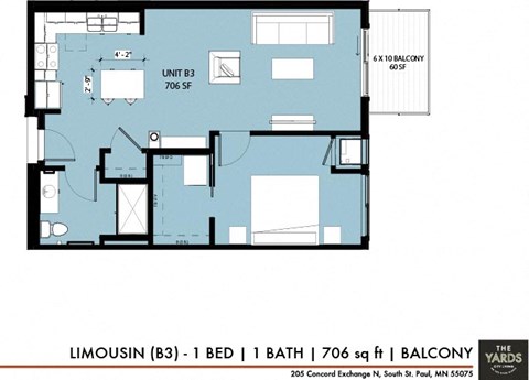 Floor plan for 1 bed, 1 bath, 706 sqft