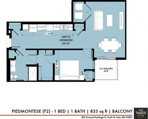 Floor plan for 1 bed, 1 bath, 833 sqft