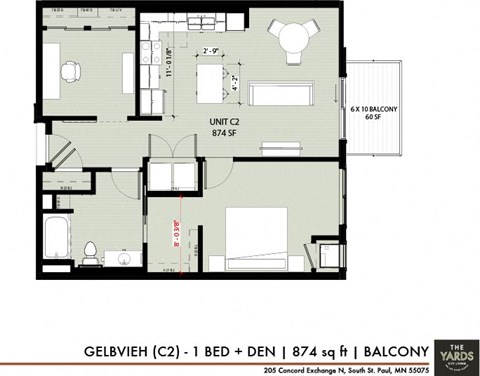Floor plan for 1 bed, 1 bath, 874 sqft