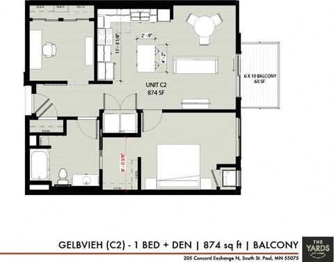 Floor plan for 1 bed, 1 bath, 874 sqft