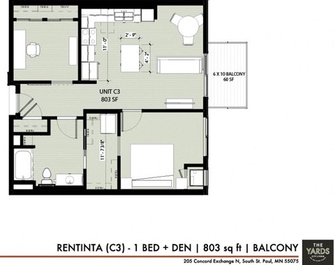 Floor plan for 1 bed, 1 bath, 803 sqft