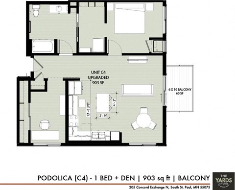Floor plan for 1 bed, 1 bath, 903 sqft
