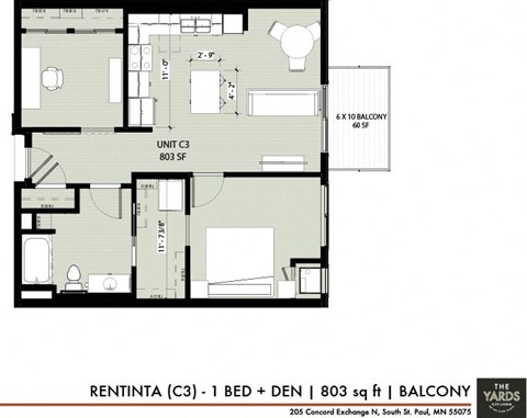 Floor plan for 1 bed, 1 bath, 803 sqft