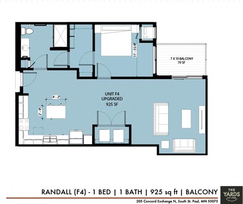 Floor plan for 1 bed, 1 bath, 924 sqft