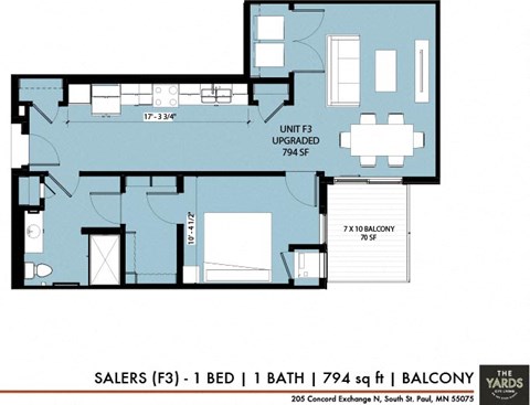 Floor plan for 1 bed, 1 bath, 794 sqft