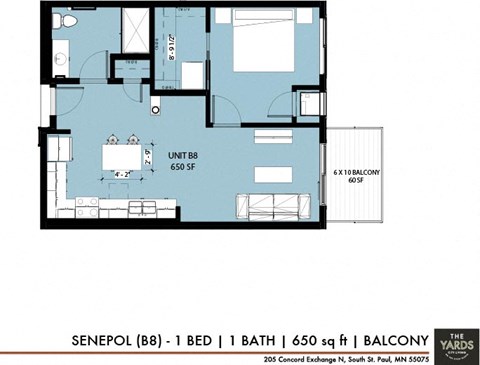 Floor plan for 1 bed, 1 bath, 650 sqft
