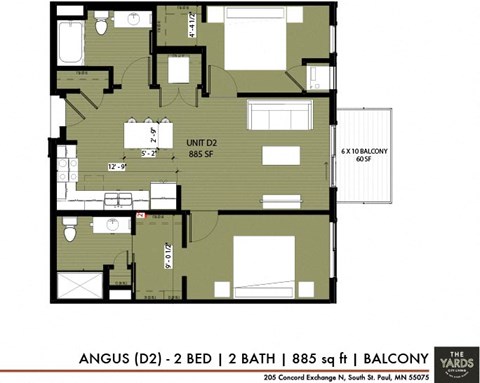 Floor plan for 2 beds, 2 baths, 885 sqft