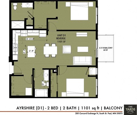 Floor plan for 2 beds, 2 baths, 1101 sqft