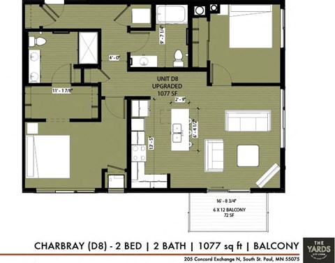 Floor plan for 2 beds, 2 baths, 1077 sqft