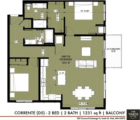 Floor plan for 2 beds, 2 baths, 1231 sqft