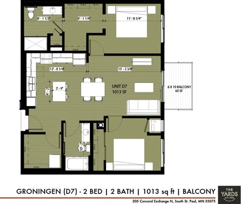 Floor plan for 2 beds, 2 baths, 1013 sqft