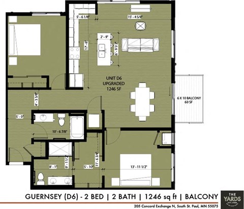 Floor plan for 2 beds, 2 baths, 1246 sqft