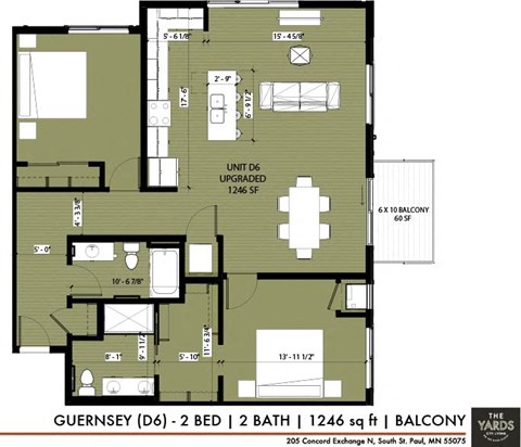 Floor plan for 2 beds, 2 baths, 1246 sqft