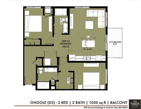 Floor plan for 2 beds, 2 baths, 1050 sqft