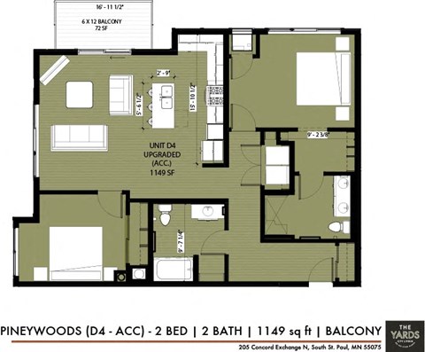 Floor plan for 2 beds, 2 baths, 1150 sqft