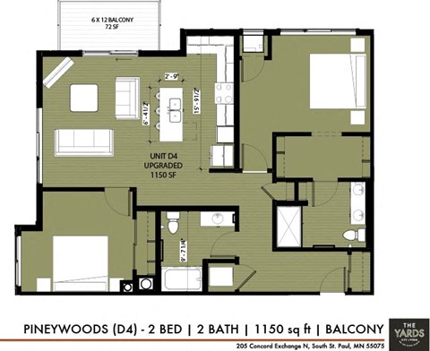 Floor plan for 2 beds, 2 baths, 1150 sqft